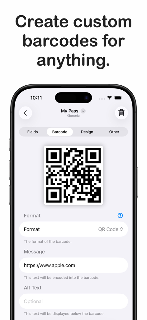 iPhone app screen showing the creation of a custom QR code for an Apple Wallet pass