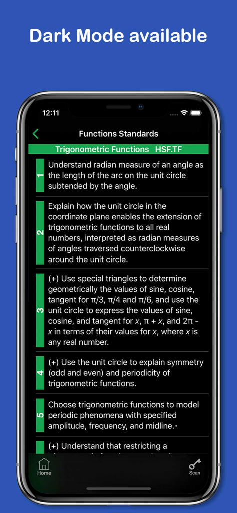 Common Core Pocket - Common Core Pocket app in dark mode showing trigonometric functions standards.