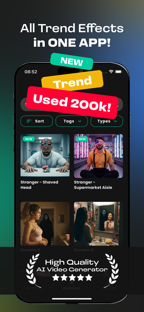 Wiro AI mobile app screen showing popular AI video trend effects