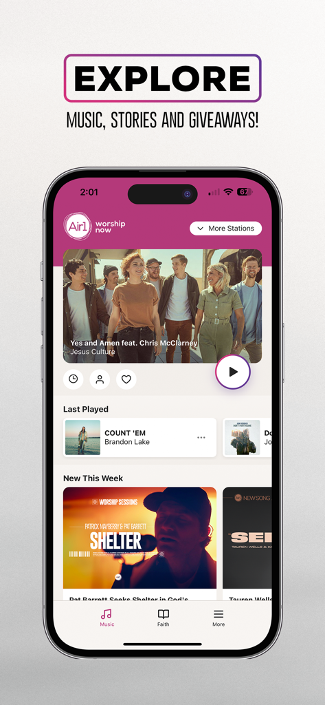 Air1 - Air1 mobile app explore interface featuring Christian worship music and artist stories