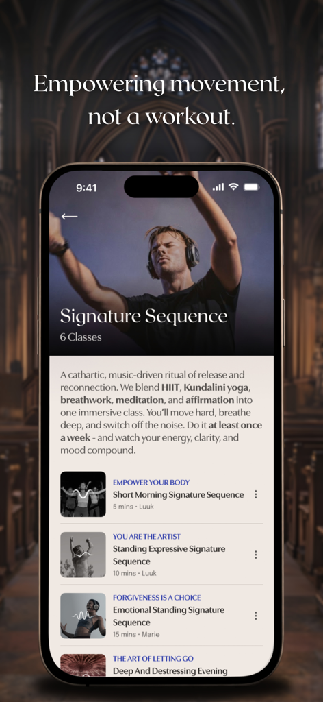 SANCTUM: Mind-Body Workout - Mobile screen showing Sanctum Signature Sequence mindful movement classes with descriptions and playlist.