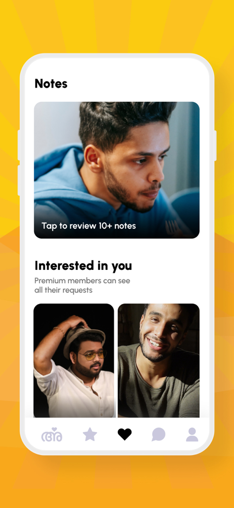 Arike dating app interface displaying personal notes and interested profiles.