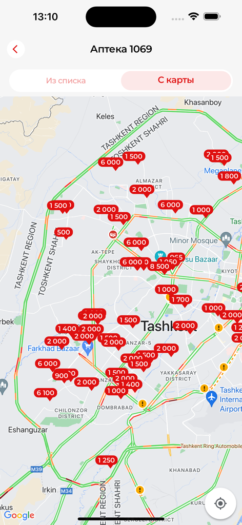 Apteka 1069 - Map view in Apteka 1069 showing multiple pharmacy locations across Tashkent Uzbekistan