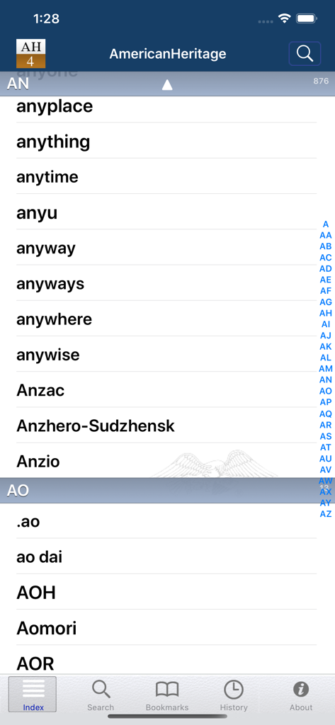 American Heritage® Dictionary - Index screen of the American Heritage Dictionary app showing an alphabetical word list