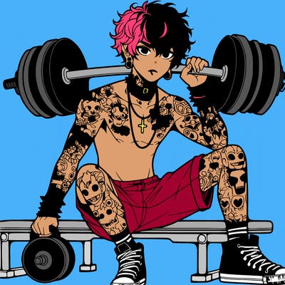 anime boy emo with tattos no shirt wearing shorts at the gym lots of tattos and piercings and he has curly hair and hes sitting lifting a 120 pound weights each hand and hes a teen