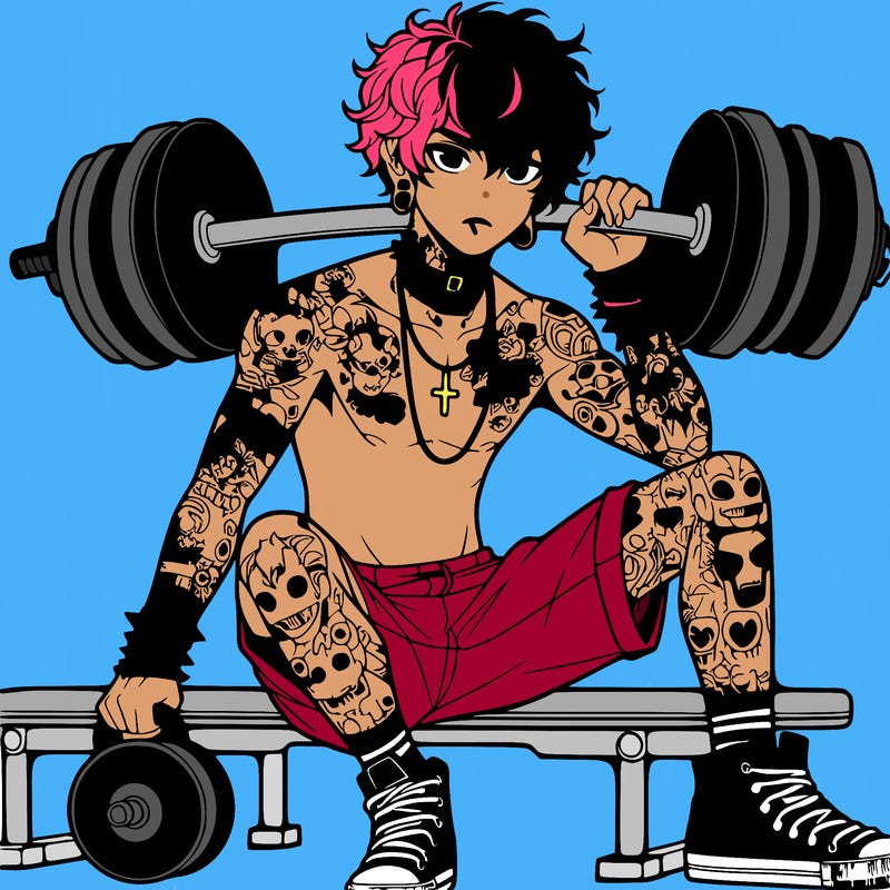 anime boy emo with tattos no shirt wearing shorts at the gym lots of tattos and piercings and he has curly hair and hes sitting lifting a 120 pound weights each hand and hes a teen
