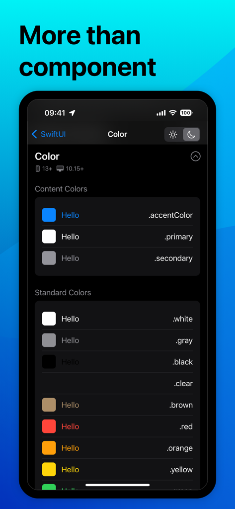 SwiftUI color palette reference screen showing standard and content colors with code snippets in the Swifter app.