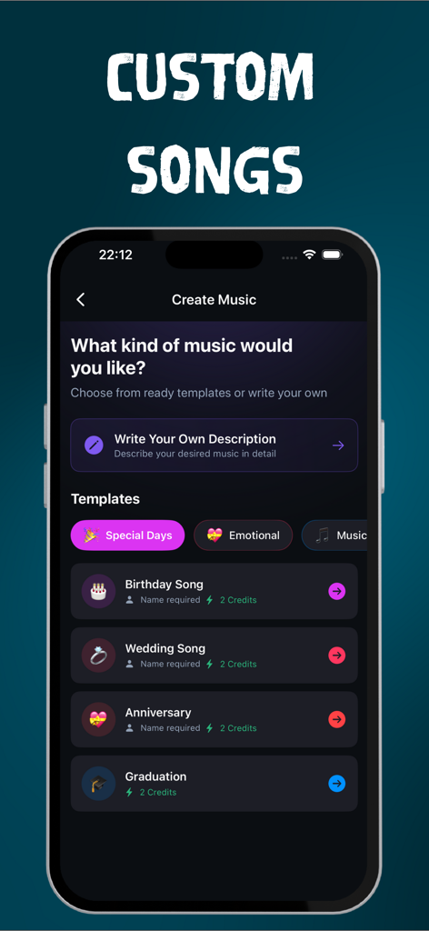 AI Music Generator – Lriza - Interfaz de la aplicación Lriza para crear canciones IA personalizadas utilizando plantillas para cumpleaños y bodas.