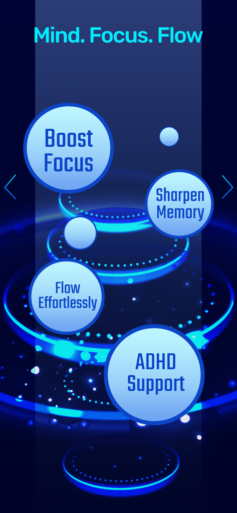 집중력 향상, 기억력 향상, 쉬운 몰입, ADHD 지원과 같은 주요 이점을 보여주는 FocusBrain 앱 화면