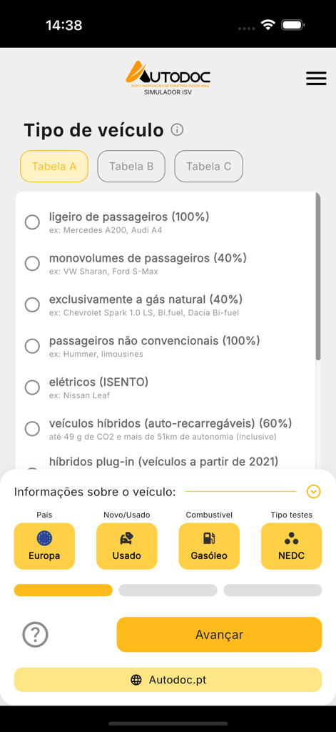 AutoDoc - Interfaz de la aplicación AutoDoc para seleccionar el tipo de vehículo y los detalles para el cálculo del impuesto ISV portugués.