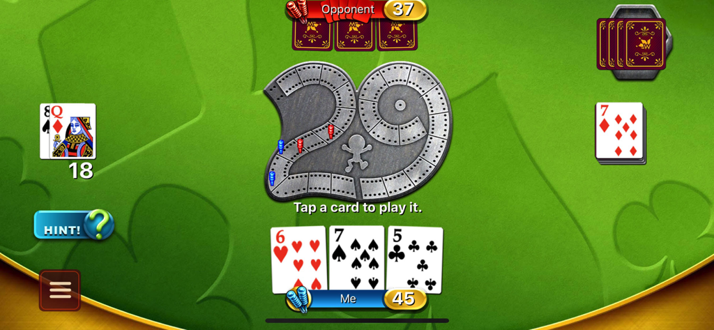 Cribbage - Crib & Peg Game - Tela de jogabilidade de Cribbage mostrando um tabuleiro de fichas em formato 29 e cartas de jogo