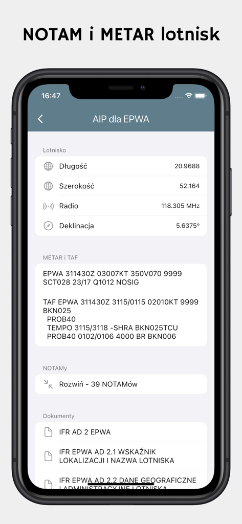 Interfaccia dell'app AUP w Polsce che mostra rapporti NOTAM e METAR dell'aeroporto per l'aeroporto Chopin di Varsavia