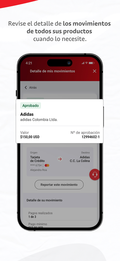 Davivienda - Davivienda Mobile App-Bildschirm mit detaillierter Ansicht einer Kreditkartentransaktion für einen Kauf bei Adidas