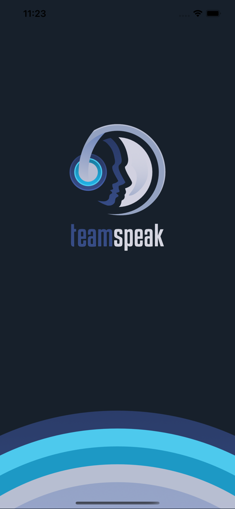 TeamSpeak 3モバイルアプリのスプラッシュスクリーン。ダークな背景に公式ヘッドセットロゴとブランド名が表示されています。