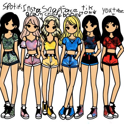 a group of girls wearing crop tops and shorts