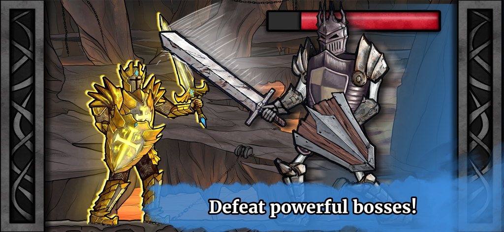 Paladin's Story: Fantasy RPG - Um personagem paladino dourado em uma luta de espadas contra um poderoso chefe blindado em uma masmorra escura