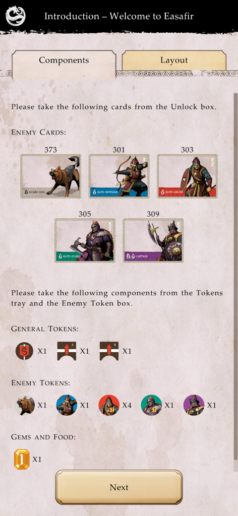 Fateforge: Chronicles of Kaan - Fateforgeコンパニオンアプリのセットアップ画面で、ゲームセッションに必要な敵カード、トークン、ジェムのリストを表示