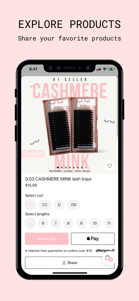 A product page in the elan beaute app displaying professional Cashmere Mink lash trays with customization options for curl and length.