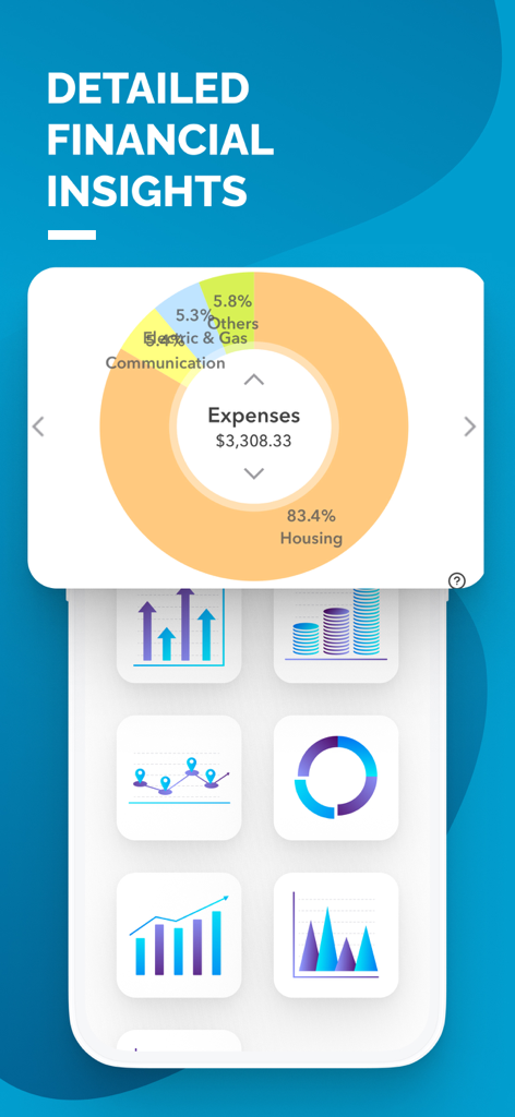 Sharerooモバイルアプリの画面。カテゴリ別の家計費のドーナツチャートを含む詳細な財務インサイトを表示。