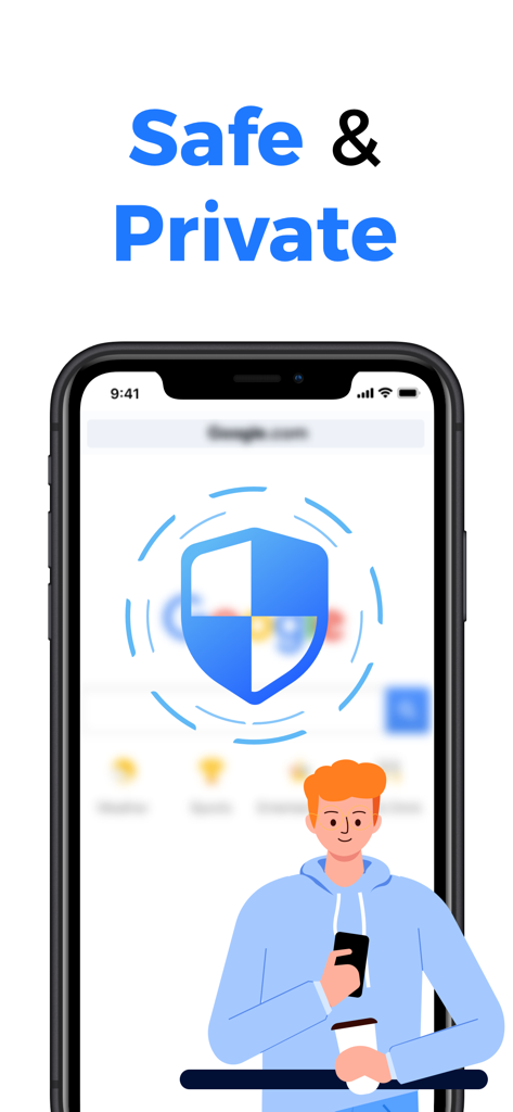 iPhone showing a secure shield icon and a student using a phone with the text Safe and Private