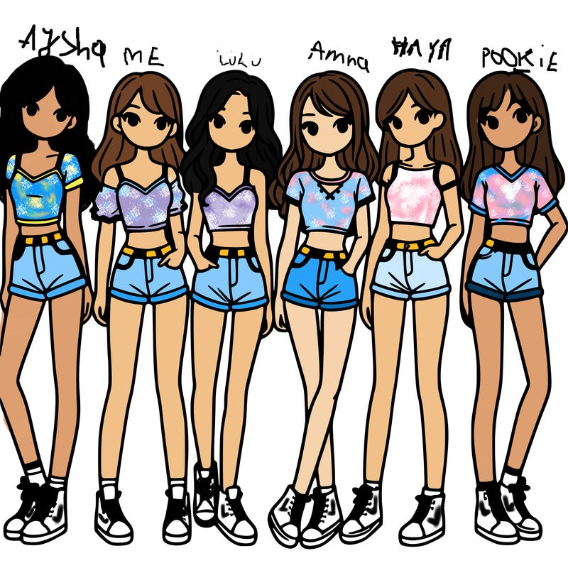 a group of girls wearing crop tops and shorts