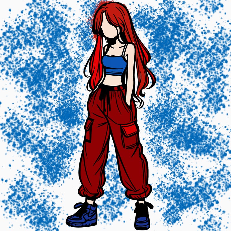girl in baggy pants crop top and long hair