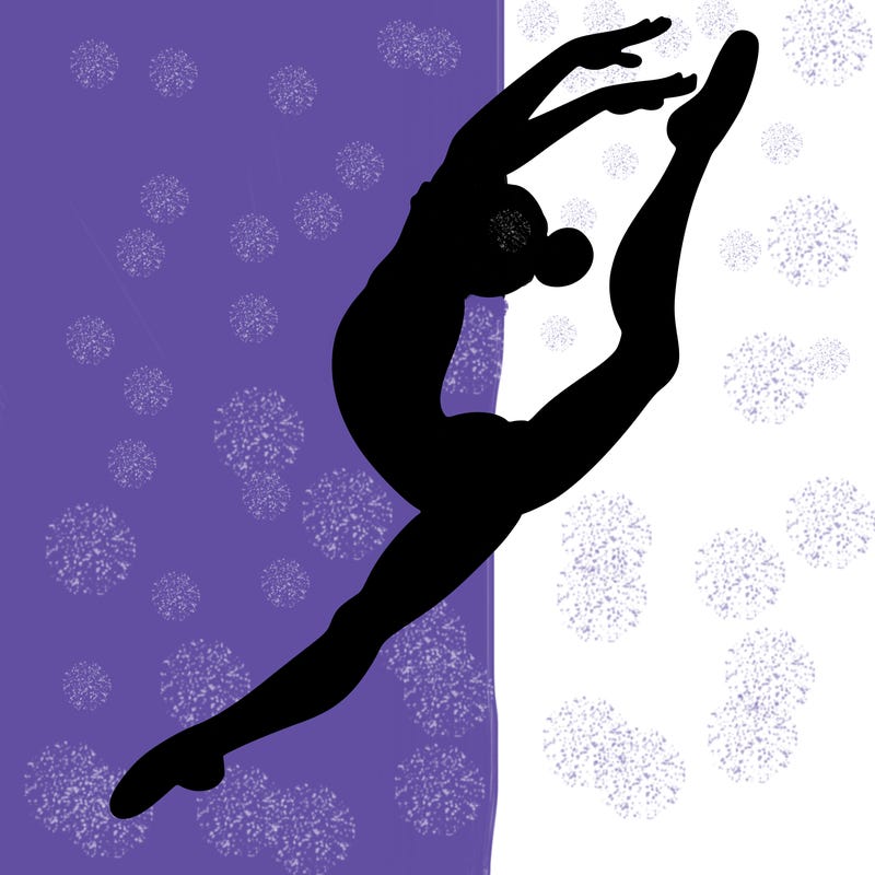 gymnast doing a leap in a leotard with a bent back leg