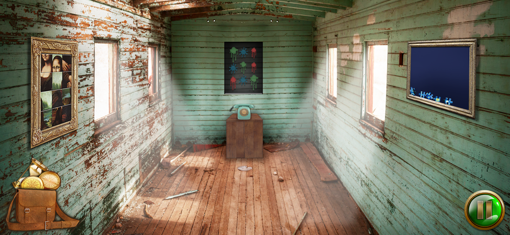 The Lone Survivor - Adventure - Interior de uma cabana de madeira desgastada com quebra-cabeças e um telefone no jogo O Sobrevivente Solitário - Aventura.