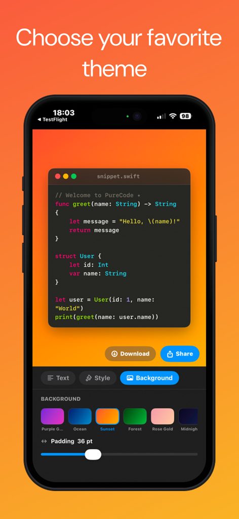 PureCode - PureCode app interface showing a code snippet with a sunset gradient background and customization tools
