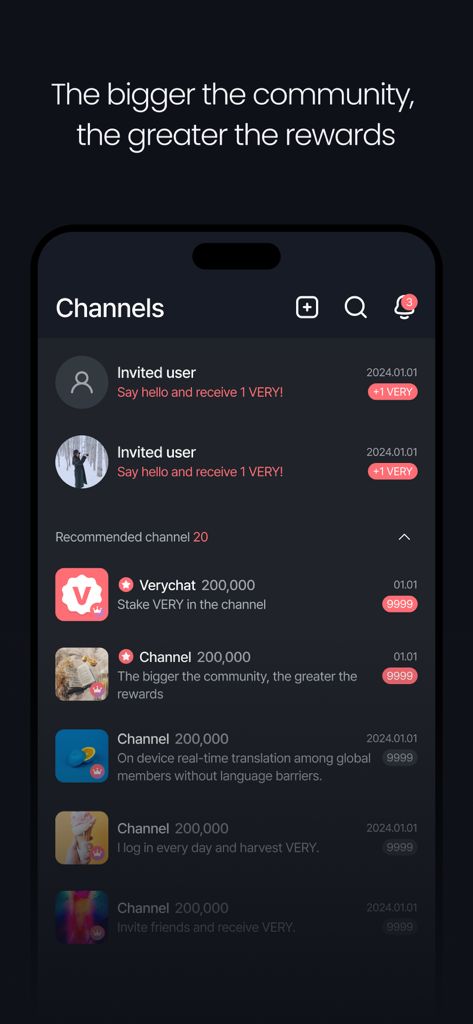 Verychat app interface displaying chat channels and earned token rewards