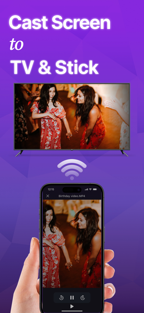 Remote for Roku TV Control· - Um iPhone transmitindo um vídeo sem fio para uma tela de TV Roku
