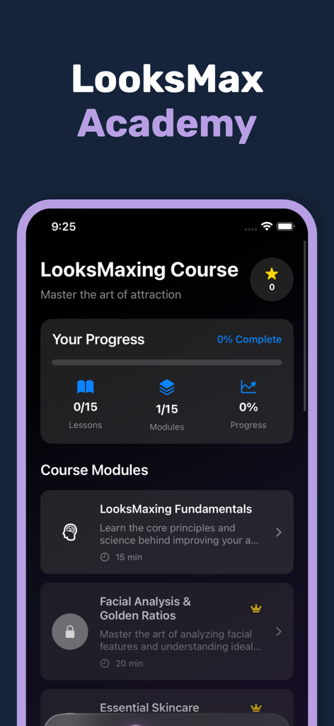 LooksMax AI Private Face Rater - LooksMax AI Academy-Oberfläche, die die Looksmaxxing-Kursmodule und die Fortschrittsverfolgung anzeigt.
