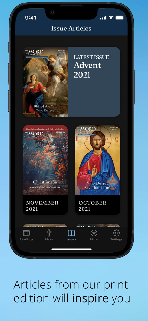 Word Among Us Mass Edition - iPhone screen displaying various monthly magazine issues and religious articles within the app.