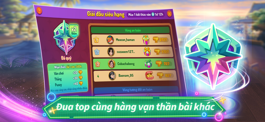 Mậu Binh Xập Xám Pro ZingPlay - Super League leaderboard in Mau Binh ZingPlay app showing player rankings and scores