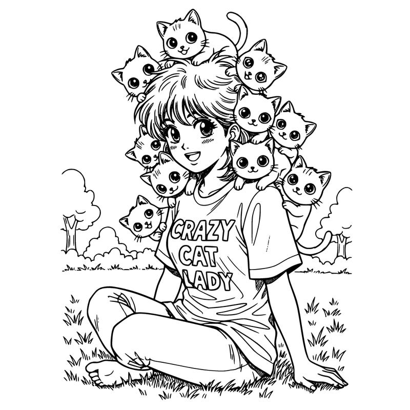 a girl with ten kitten around her off of her head says crazy cat lady. she's just wearing a shirt and pants and she's sitting in the grass