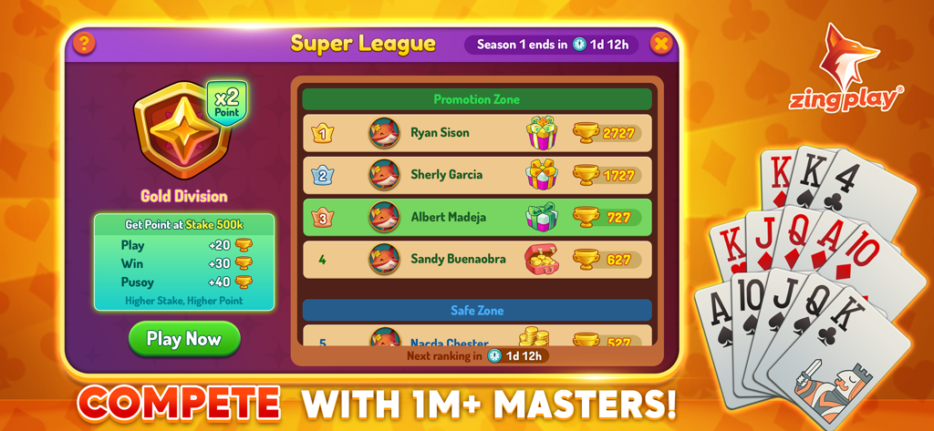 Pusoy ZingPlay - Chinese Poker - Interfaz de la aplicación Pusoy ZingPlay mostrando la tabla de clasificación de la Superliga y la clasificación de la División de Oro.