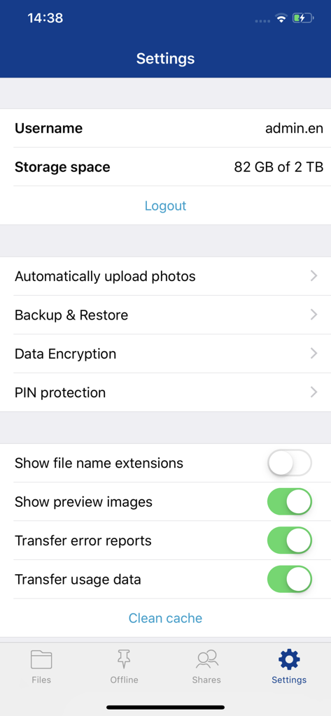 The settings menu in the IONOS HiDrive app showing storage usage and security configuration options.