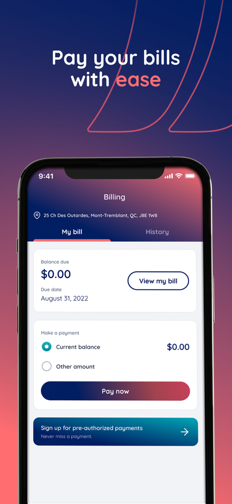 Écran mobile de l'application Mon Compte Cogeco montrant l'aperçu de la facturation et le bouton "Payer maintenant"