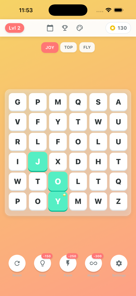 Gameplay screen of Word Search Link showing a letter grid with the word JOY highlighted in a soft orange zen interface.