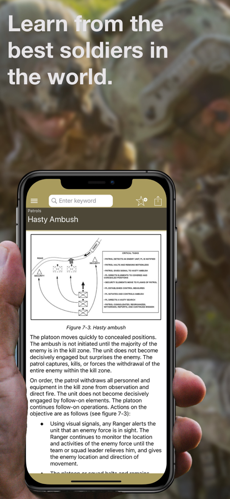 Army Ranger Handbook app displaying a tactical diagram and instructions for a hasty ambush.