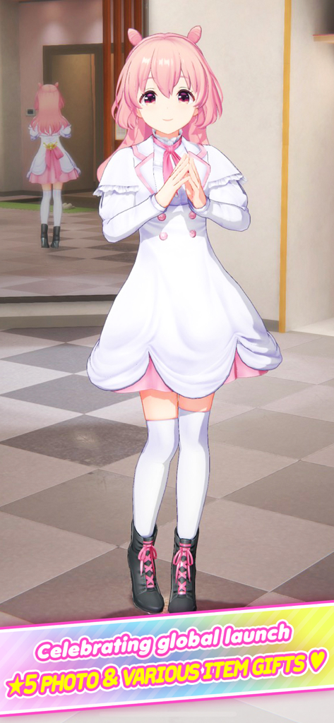 Un'idol anime 3D di alta qualità con capelli rosa e un vestito bianco che celebra il lancio globale di IDOLY PRIDE