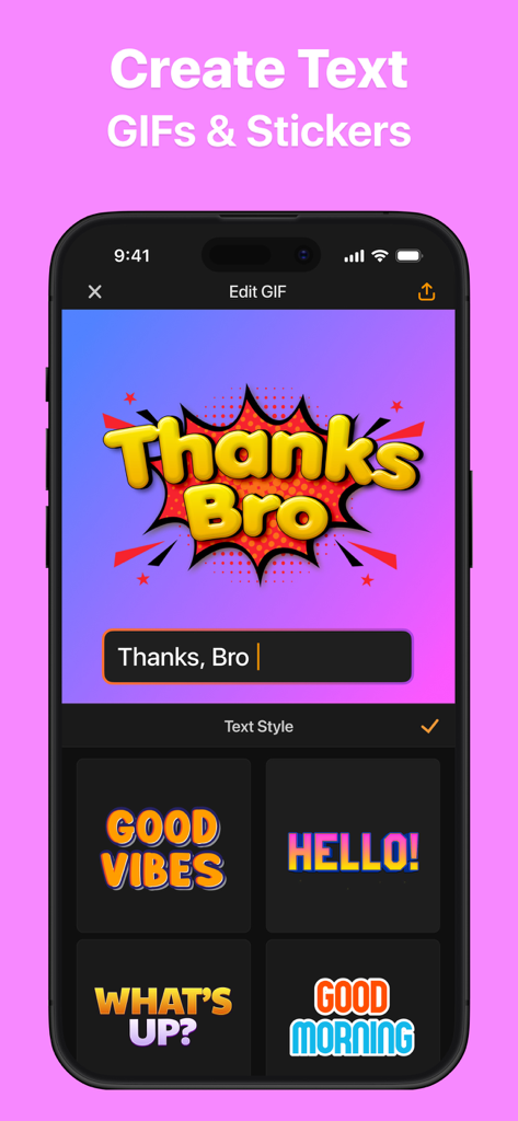 User interface for creating custom text GIFs and stickers with various font styles