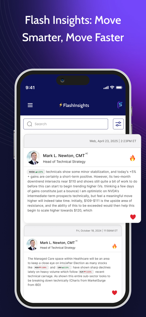 A screen from the FS Insight app showing real-time Flash Insights market analysis and technical strategy