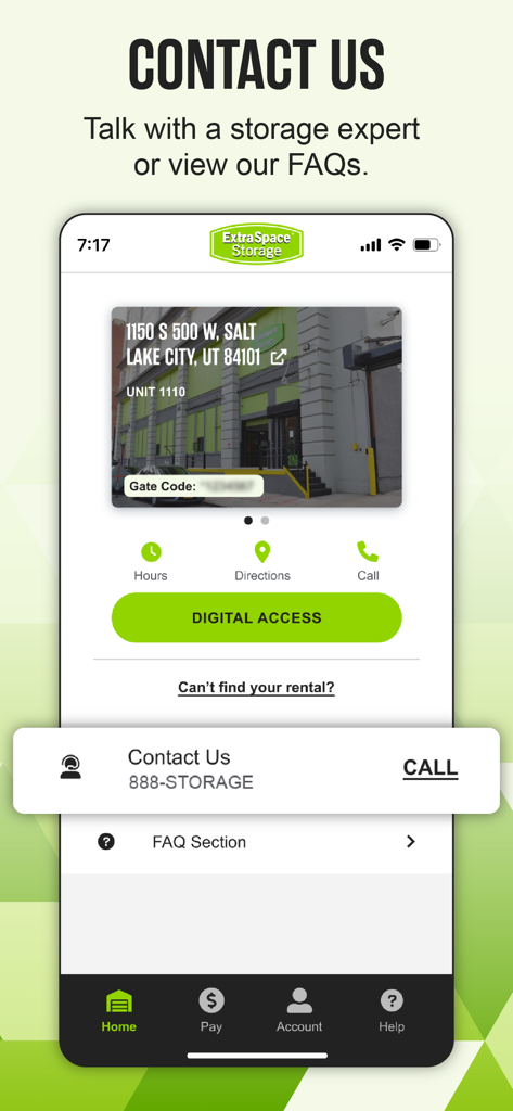 The contact us screen of the Extra Space Storage mobile app showing customer support options facility location and FAQ access