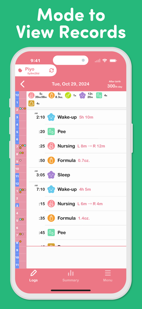 Smartphone screen displaying a detailed timeline of baby activities like feeding and sleep in the PiyoSup app