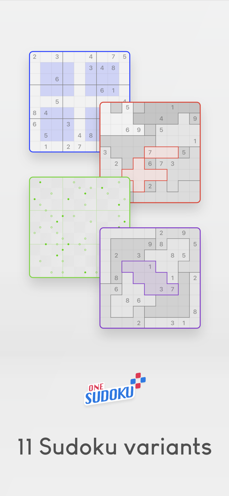 One Sudoku - A preview of eleven different Sudoku puzzle variants available in the One Sudoku app