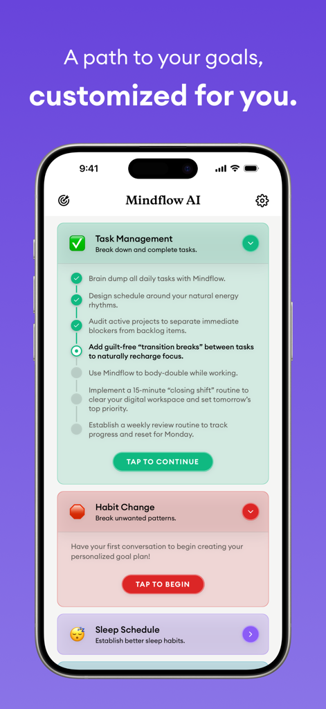 Mindflow AI: Overcome ADHD - Mindflow AIアプリのインターフェース。タスク管理と習慣変更のためのカスタマイズされた目標パスを表示。