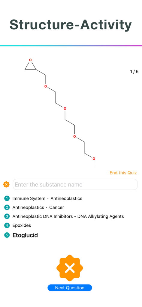 Pharmacodex - Interfaz de la aplicación Pharmacodex que muestra un cuestionario de estructura química para estudiantes de química medicinal
