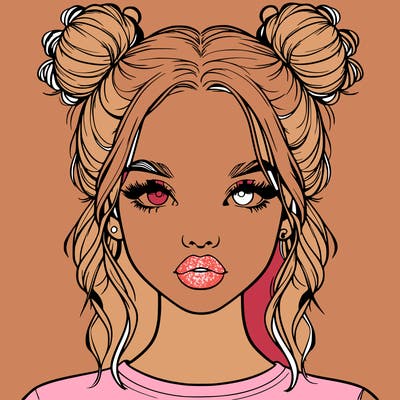 realistic girl with two buns in hair and lips
