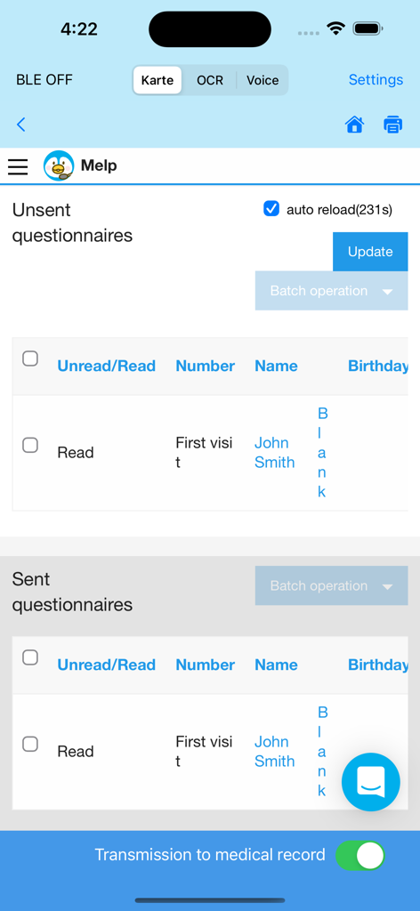 Melp Record - Interface do aplicativo Melp Record exibindo uma lista de questionários de pacientes prontos para transmissão para o prontuário médico